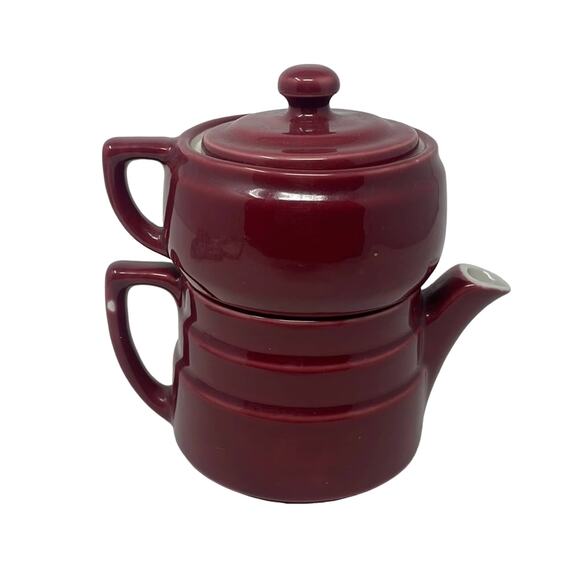 Three piece maroon Coorsite Pottery teapot infuser - Picture 1 of 12